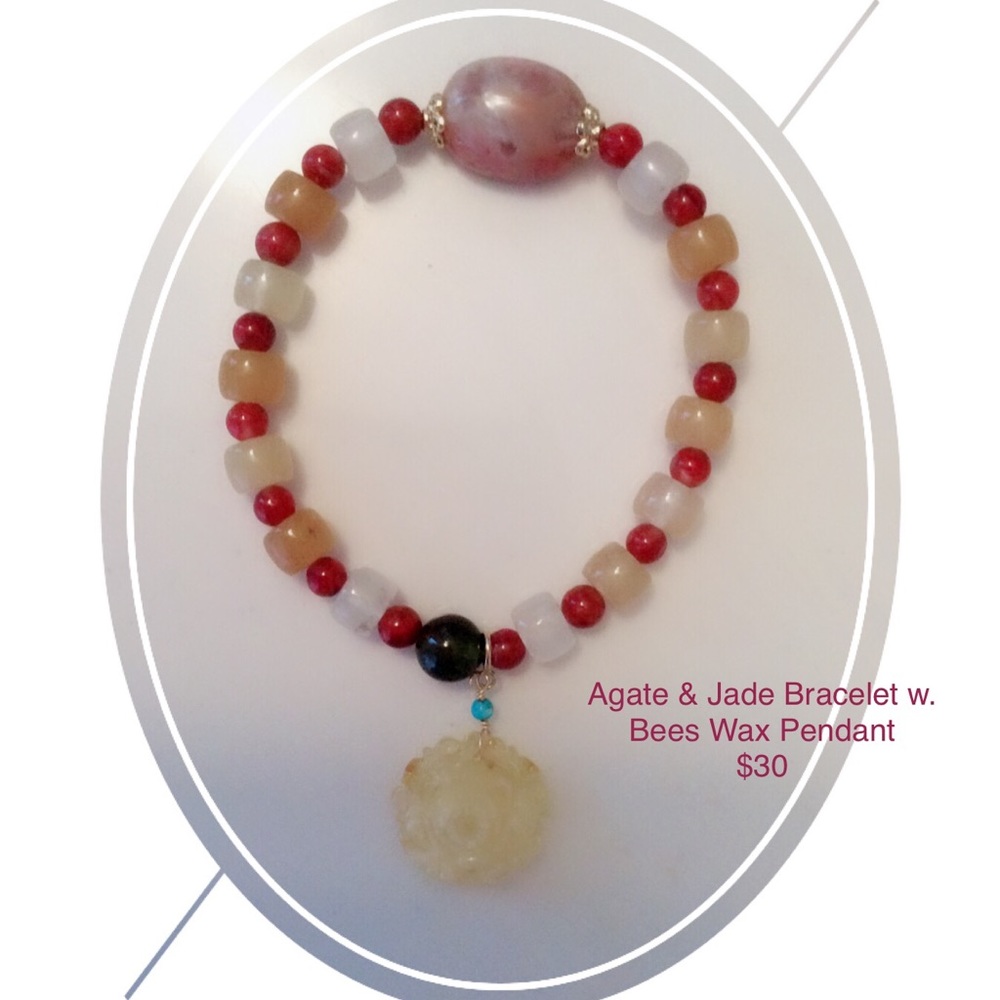 Agate and Jade bead Bracelet w. Beeswax pendant